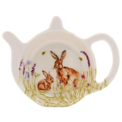 Image of LESSER &amp; PAVEY Melamine Teabag Tidy Rest Drip Tray Plate Wildlife Hares Rabbit Nature Floral