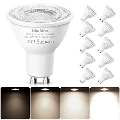 Image of GU10 LED Bulbs Dimmable, Natural White 4000K, 50W Halogen Spotlight Replacement, 4.9W Dimmable Bulbs, 220 240V 350lm 38 Narrow Beam Angle Pack of 10