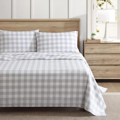 Image of Eddie Bauer Single Bed Duvet Cover Set, Cotton Percale Super Soft and Cosy Home Decor, Oeko Tex Certified (Plain Plaid, Beige, Single)