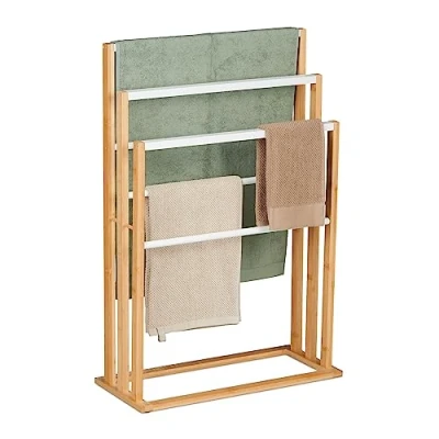 Image of Relaxdays Towel Rack, 6 Bars, MDF &amp; Bamboo, HWD: 82x55x24 cm, Free Standing Airer, Bathroom Drying Rail, White/Natural