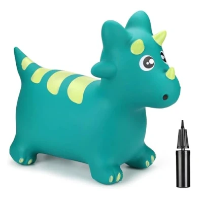 Image of Curvaso Green Dino Animal Bouncy Jump Space Hopper Inflatable Ride On Kids Children&#039;s Fun Toy Gift For Boys Girls Indoors Outdoors Pump Included PA722