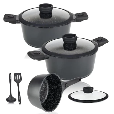 Image of DIVORY Pot Set 8 Pieces Casserole 18 cm, Saucepan 20 cm &amp; 24 with lid, Induction Cooking pots Coated Removable Handle incl. Kitchen Helpers