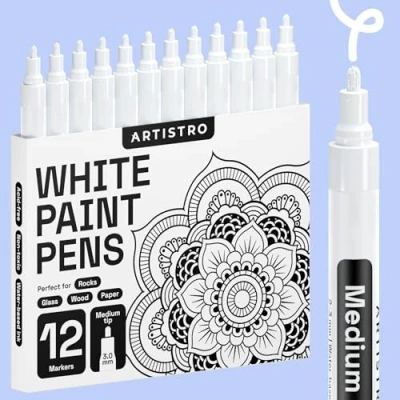 Image of ARTISTRO White Paint Pens for Rock Painting, Stone, Ceramic, Glass, Wood, Tire, Fabric, Metal, Canvas. Set of 12 Marker Acrylic Water based, Medium Tip