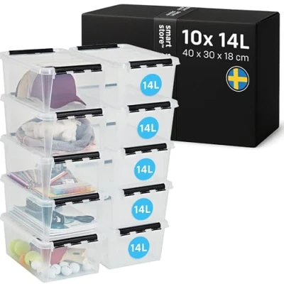 Image of SmartStore 14L Clear Plastic Storage Boxes with Lid, 10 Pack, Reinforced, Year Guarantee, Food Safe, Clip Locked, Stackable and Nestable, BPA Free L40 x W30 H18 cm