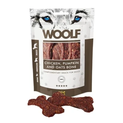 Image of WOOLF Chicken, Pumpkin and Oats Bone Complimentary Snacks for Dogs. Dog Treats with All Natural Ingredients, High Meat Content, Free from Artificial Additives. Suitable Dogs (100g)