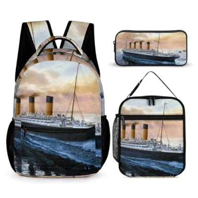 Image of Retro Titanic Famous Old Historic 3 Piece Backpack Set Fashion Travel Daypack with Lunch Bag Pencil for Men Women