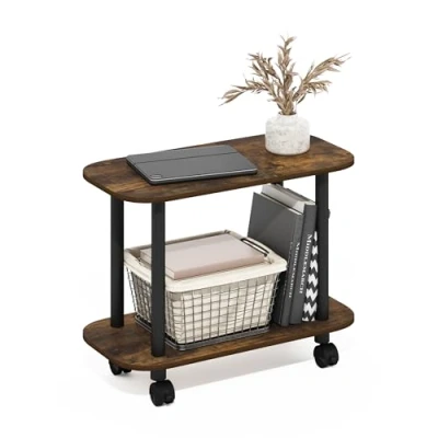 Image of Furinno Turn N Tube Modern Oval End Table, Side Table with Casters, Amber Pine/Black