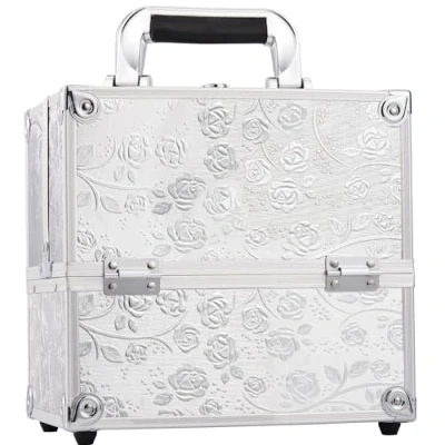 Image of Professional Beauty Vanity Case Cosmetic Makeup Box Nail Polish Storage Train Lockable with Keys(Silver Rose)
