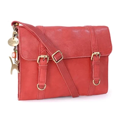 Image of Catwalk Collection Handbags Women&#039;s Small Leather Cross Body Bag Messenger Adjustable Shoulder Strap AMY Red