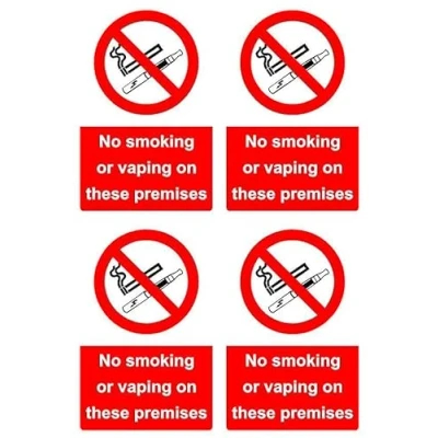 Image of No smoking or vaping on these premises Safety sign Pack of 4 150mm x 100mm Self adhesive stickers sheet (300mm 200mm)