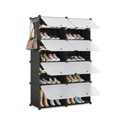 Image of Mondeer Shoe Storage Cabinet, Modular Plastic Rack, Cube Organizer, Dustproof and Waterproof, 8 Layer Stackable Cabinet for Foyer, Bedroom, Living Room, Holds 32 Pairs of Shoes, Black