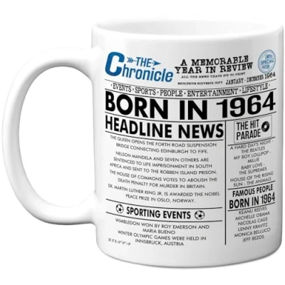 Image of Stuff4 60th Birthday Mug Gift for Men Women Born in 1964 Newspaper Happy 60 Gifts Grandad Grandma Nan Vintage Retro Back Age Sixty Bday, 11oz Ceramic Coffee Mugs