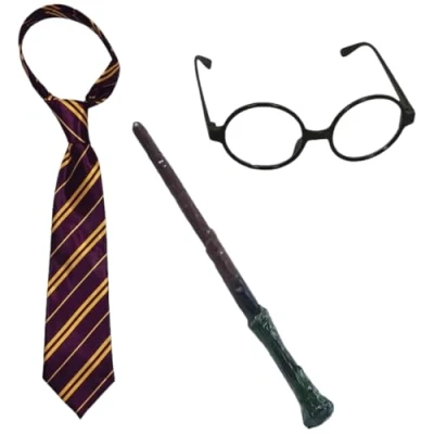 Image of GrassVillage Wizard School Boy Fancy Dress Tie Glasses Wand Set Magician Outfit Book Week