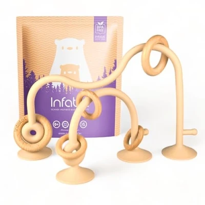 Image of Infatot® Suction Toy Baby Toys 6 Months Plus Wood &amp; Silicone Sensory for Babies Toys, Wooden High Chair Early Development Gifts Cream