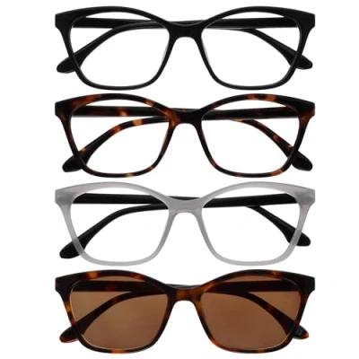 Image of OPULIZE KAT Readers &amp; Reading Sunglasses 4 Pack Cat Eye Frame Black, Brown, Grey, Brown Men Women Spring Hinges RRRR59 1272 +3.50