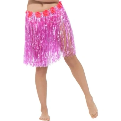 Image of Smiffys Hawaiian Hula Skirt with Flowers, Neon Pink Velcro Fastening &amp; Adjustable Waist Band, Luau Fancy Dress, Dress Up Accessories