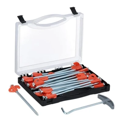 Image of Tent Pegs, Set of 30, Anchors for Hard and Rocky Ground, 20.5 cm, with Box &amp; Puller, Steel, Silver/Orange Relaxdays