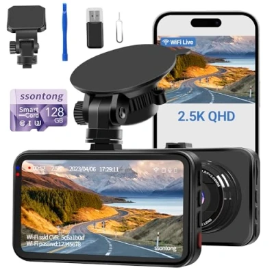 Image of Dash Cam WiFi, Car Camera with 128GB Card Dashcam 2.5K QHD 1440P Front, Cameras W/APP, Night Vision, 170 Wide Angle, G sensor, Parking Monitor for Cars, Max Support 256G