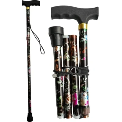 Image of Glamified Adjustable Folding Walking Stick, Portable Cane with Ergonomic Handle, Non Slip Base, Lightweight, Height (Black Flower)