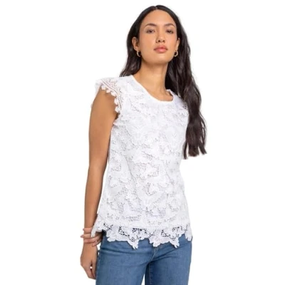 Image of Roman Originals Butterfly Lace Stretch Top for Women UK Ladies Everyday Holiday Spring Summer Notch Neckline Comfy Soft Evening Vacation Work Party Ivory Size 20