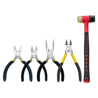 Image of BOOSDEN 5 Piece Pliers Set Including 25mm Rubber mallet, 5&quot; Wire Cutters, Needle Nose Pliers, Diagonal Linemans for DIY &amp; Home Use