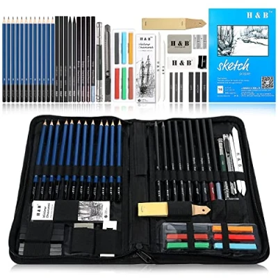 Image of H &amp; B Sketch Pad and Pencil Set 48 Pieces,Drawing Sketching Pencils with Book Artists Drawing Kit Graphite Pencil, Rubber Sharpener of Art Supplies for Kids Adults