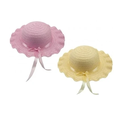 Image of Pound Veg Easter Bonnet (Pink &amp; Yellow Bonnet) for Kids with Ribbon Straw Woven Colourful Decorative Hat Ideal to Craft Decoration, School Plays Great Accessory