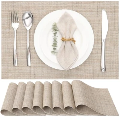 Image of Myir JUN Table Mats Set of 8, Place Placemats Washable Non slip Heat Insulation Woven Vinyl for Kitchen Dinning Restaurant 18&quot;X12&quot; (Light Yellow)