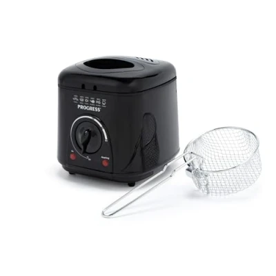 Image of Progress 1L Compact Deep Fat Fryer Adjustable Temperature Control, Power Lights, Filter to Reduce Odours, Non Stick Cooking Bowl, Viewing Window, Removable Basket, 950W, Black EK2969PBLK