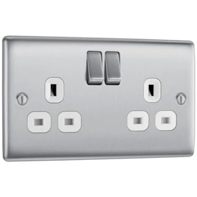 Image of BG Electrical Double Switched Power Plug Wall Socket, Nexus Metal, Brushed Steel, White Inserts, 13A, NBS22W