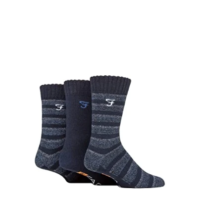 Image of Mens 3 Pair Farah Striped Cushioned Boot Socks Navy / Blue 6 11