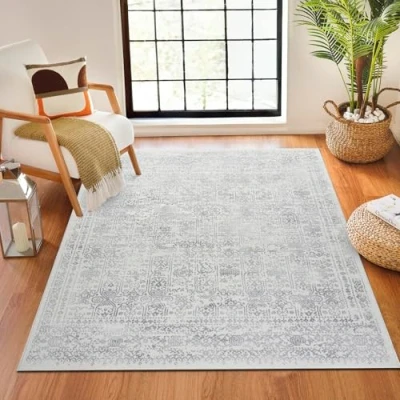 Image of Livabliss Marrakech Vintage Rug Area Rugs for Living Room 160x216 cm, Bedroom Scandi Neutral Rug, Traditional Patterned Boho Style, Natural Easy Care Pile Large Grey and Cream