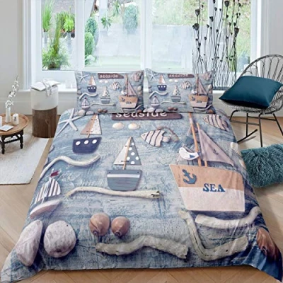 Image of Loussiesd Sailboat Printed Bedding Set for Girls Boys Children Nautical Decor Comforter Cover Ocean Themed Duvet Starfish Sea Animal Bedspread Retro Single Size Collection 2Pcs