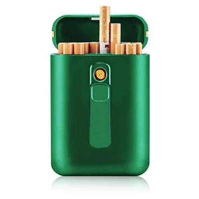 Image of SANSH Cigarette Case with Lighter Cigarettes Box 20 pcs Regular Portable King Size USB Lighters 2 in 1 Rechargeable Flameless Windproof Electric (Green)