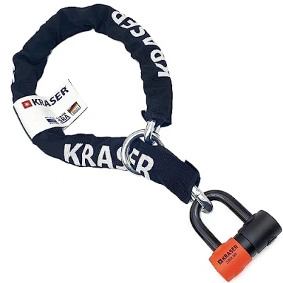 Image of KRASER KR50120L Motorcycle Chain Lock Mini U Approved Padlock Massive Steel Heavy Duty ø0.53in, 3.9ft Long, Loop Ring, Textile Cover, High Security Anti Theft, Garage Anchor, Scooter Electric Bicycle