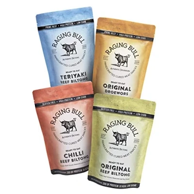 Image of Raging Bull 1kg Biltong Combo 250g Original Biltong, Chilli Teriyaki Droewors High Protein Snacks Grass Fed Beef Low Carb Carnivore Meat