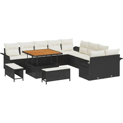 Image of vidaXL 13 Piece Garden Sofa Set with Cushions Black Poly Rattan Acacia
