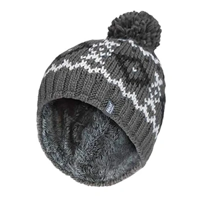 Image of HEAT HOLDERS Mens Chunky Knit Fleece Lined Thermal Winter Warm Beanie Bobble Hat with Pom (One Size, Grey/White)