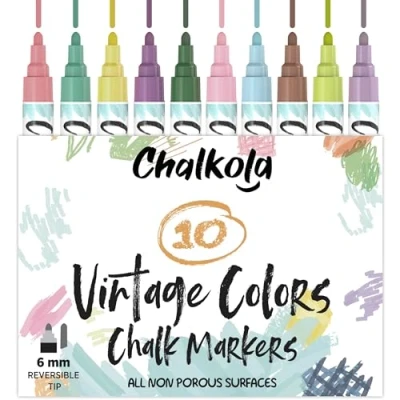 Image of Chalkola Liquid Chalk Pens for Blackboard, Chalkboard, Whiteboard, Window, Labels, Glass, Board (10 Vintage Colours) Wipeable Paint Markers, Washable Ink, 6mm Reversible Bullet &amp; Chisel Tip