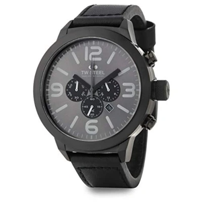 Image of TW steel Marc Coblen edition chrono with leather strap and date stainless stopwatch XXL 50 mm, Black/Grey/Black, Strap.