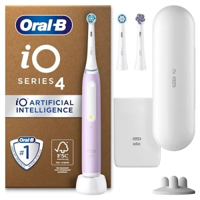 Image of Oral B iO4 Electric Toothbrush for Adults, 3 Heads, Travel Case &amp; Head Holder, 4 Modes with Teeth Whitening, 2 Pin UK Plug, Pink