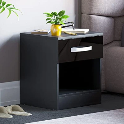 Image of Vida Designs High Gloss Bedside Tables, Nightstand Side Table (Black, 1 Drawer)