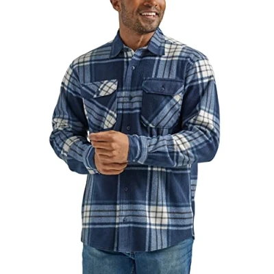 Image of Wrangler Authentics Men&#039;s Long Sleeve Plaid Fleece Shirt Jacket Button, Total Eclipse, XXL