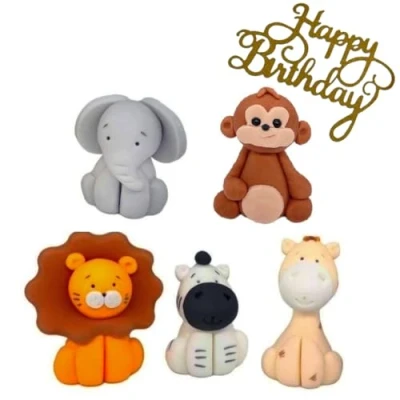 Image of Animals Cake Toppers Set Edible Lion Zebra Elephant Giraffe Monkey Cupcake Birthday Party Baby Shower Decorations of 5