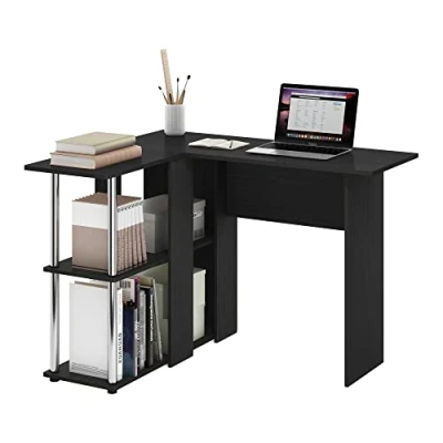 Image of Furinno L Shape Desk with Bookshelf, Engineered Wood, Americano/Chrome, 104.5 (W) x 73.51 (H) 87.5 (D) cm