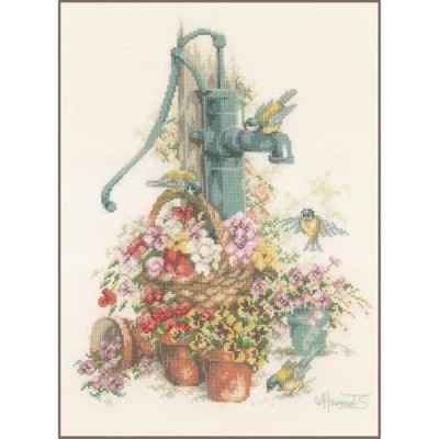 Image of Lanarte PN 0007958 Cross Stitch Kit Flowers/Water Pump Number Pattern Counted Cotton, Multi Colour, 29 x 39 cm / 11.6&quot; 15.6&quot;