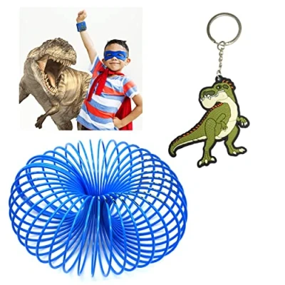 Image of HOVUK® 2Pcs Blue Magic Spring 7.5cm with 12cm Keychain of Giganto Character from Gigantosaurus Family, Stretchy Bouncing Coil Fun Toy, Lightweight Keyring for Keys or Bag Tag, Best Kids Gift 3+Years