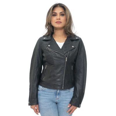 Image of Ladies Leather Jacket Classic Biker Style Black Real Womens 2XL