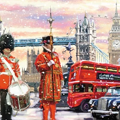 Image of GBCC The Archive Collection Pack of 6 Artistic Charity Christmas Cards &#039;London at Christmastime&#039; Big Ben and Beefeaters From Great British Card Company, multi, 141 x mm