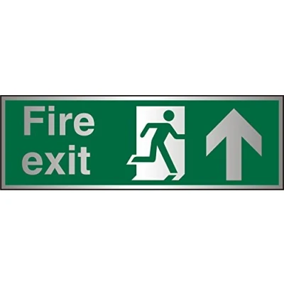 Image of Seco Fire Exit Exit, Man Running Right, Arrow Pointing Up Sign, 300mm x 100mm Brushed Aluminium Acrylic